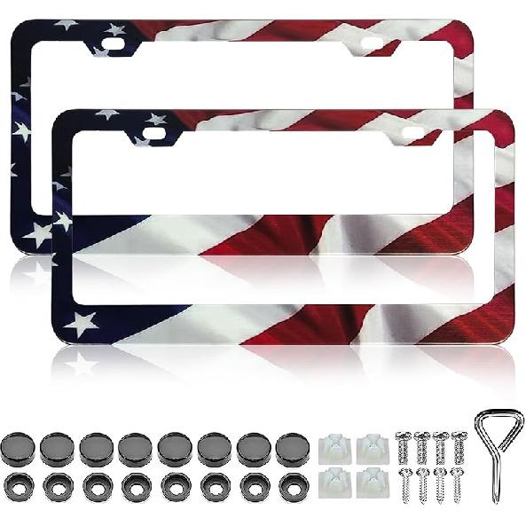 American Flag License Plate Frame Holder - 2 Pack Universal Aluminum Matte Stripe US Flag Gloss Patriotic Car Plate Frame Covers With Free Screws
