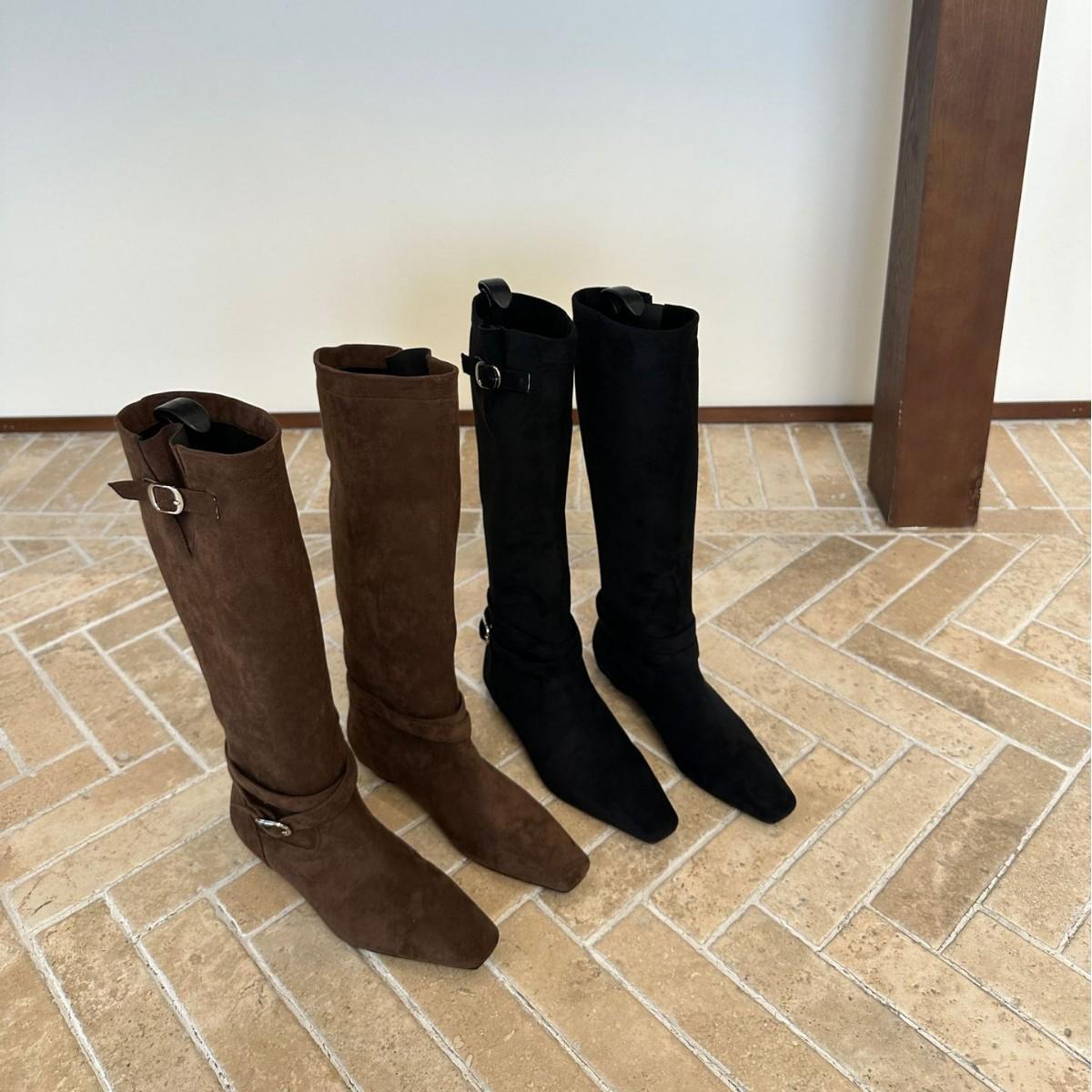 

2025 niche fashion pleated belt buckle looks thin but knee thick heel boots retro western cowboy boots women 40 темно-коричневого