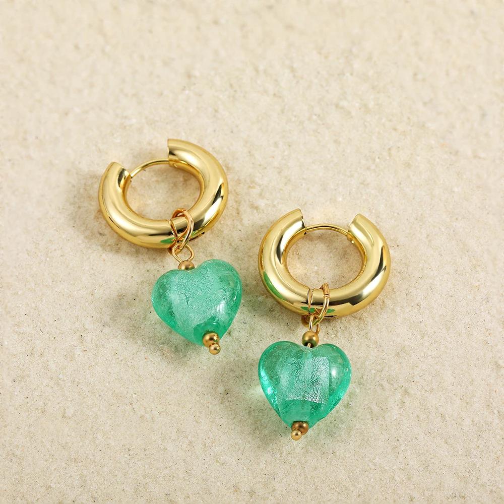 Colorful Glass Heart-shaped Pedant Drop Earrings For Women Stainless Steel Round Circle Hoop Hanging Earring Minimalist Jewelry