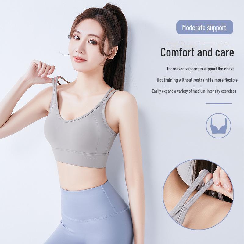 Juyitang V-Neck Padded Sports Bra with Cross-Shoulder Straps and Back Buckle for Yoga