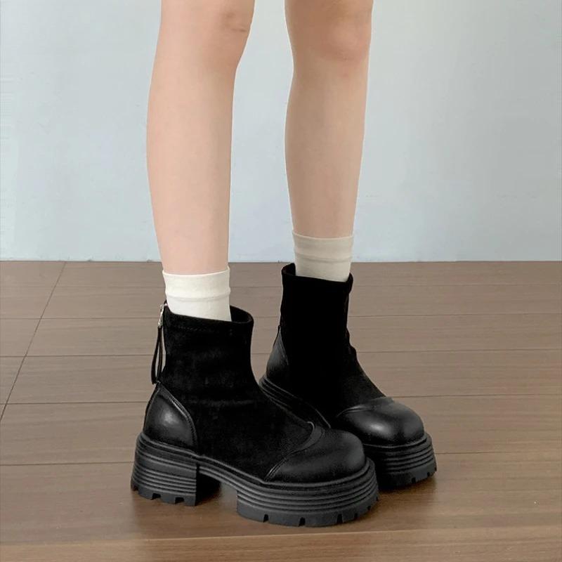 Vintage Platform Thick Sole Woman Ankle Boots Design Back Zippers Shoes Autumn Winter Slim Height Increase Short Botas