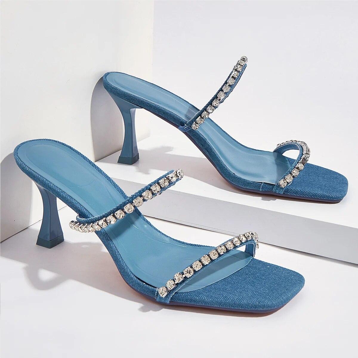 

Женские босоножки на каблуке, двухполосные блестящие стразы, декор, джинсовая обувь на конусе, модная обувь для выпускного вечера, летняя обувь 39 синий