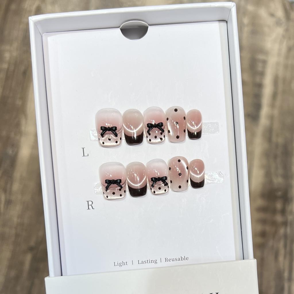 Small-scented Short Glass Cat Eye Nail Art French Polka Dot Bow Wear Armor Pure Handmade Nail