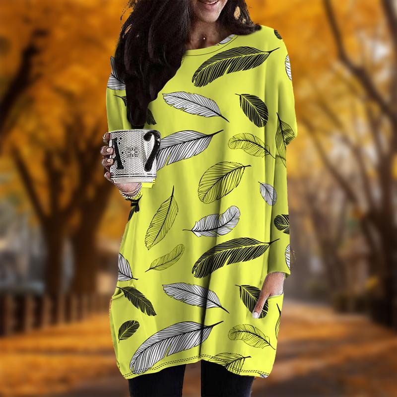 

Новинка осени Черное платье с принтом перьев больших размеров Женское повседневное платье с круглым вырезом и длинными рукавами с карманами 8XL жёлтый