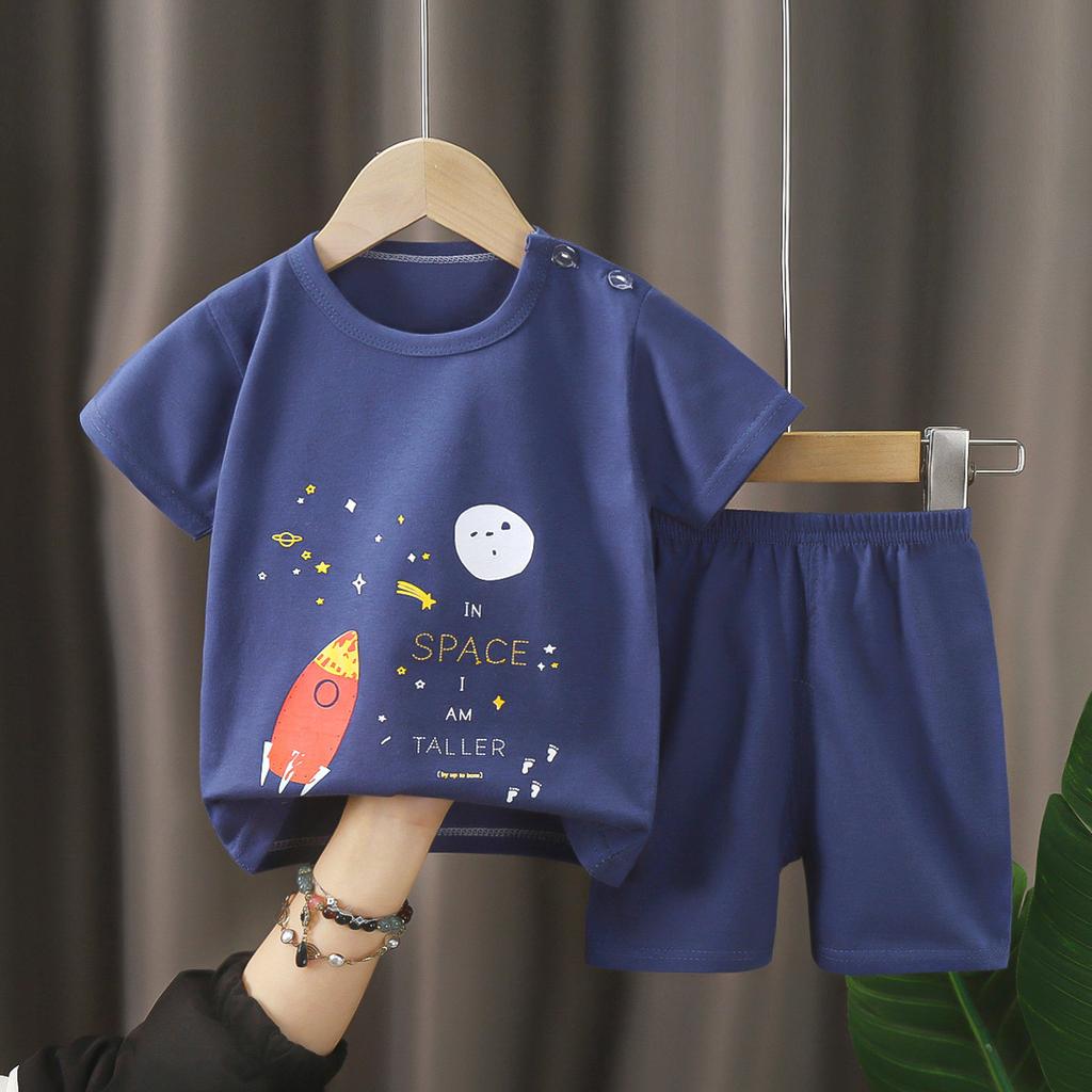 Kids Cotton Short Sleeve 2Pcs Set, Summer Shoulder Snap T-shirt & Shorts for Toddler Boys Girls