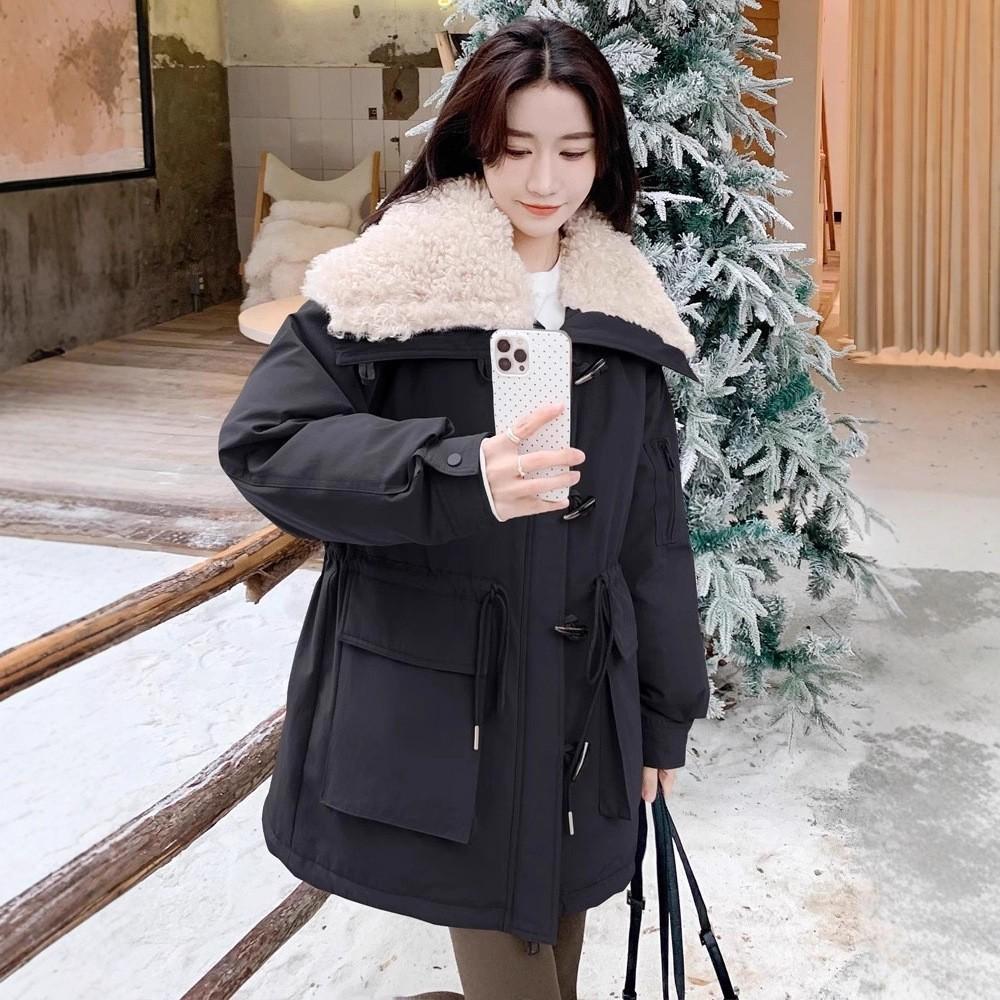 Lamb wool lapel cotton-padded clothes women's medium and long winter new retro warm tooling pie overcome padded jacket