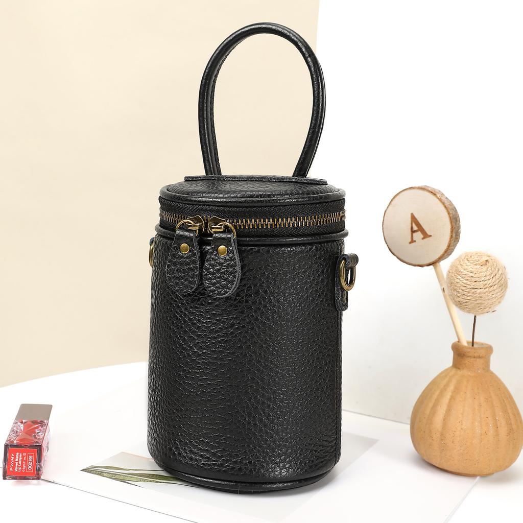 Genuine Leather Cylindrical Handbag for Carrying Water, Single-shoulder Crossbody Style, Fashionable Small Bag