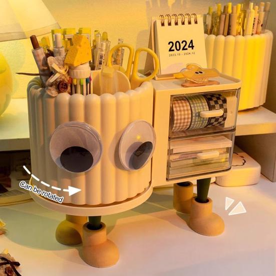 Cute Rotating Pen Holder with Drawer 2-in-1 Large Capacity Desktop Organizer for Kids Girls Multifunctional Storage And Sorting Box