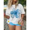 Women's Elegant Crew Neck Short Sleeve T-Shirt, Vibrant Blue White Floral