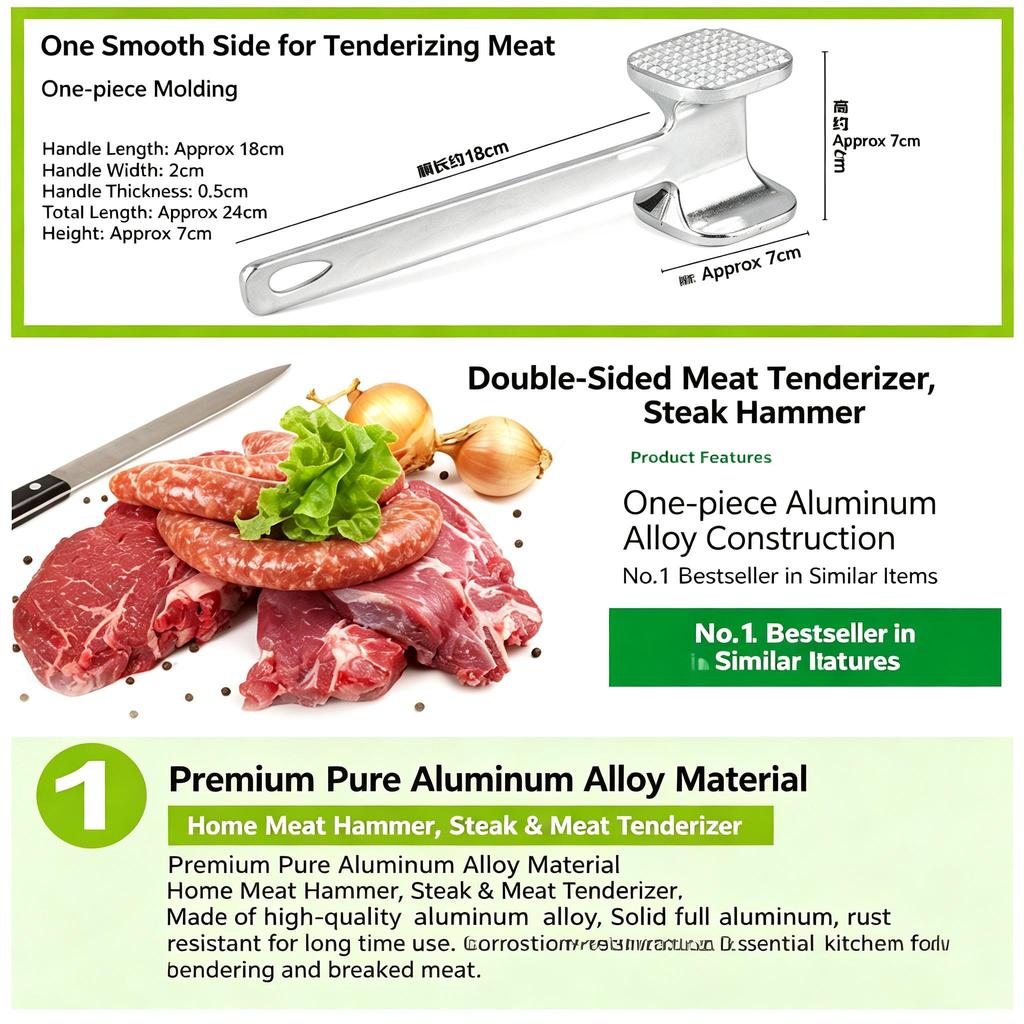 Aluminum Meat Tenderizer Hammer, Dual Sided Steak Hammer, Kitchen Meat Mallet for Tenderizing Beef Pork Chicken, 4 Sizes Available