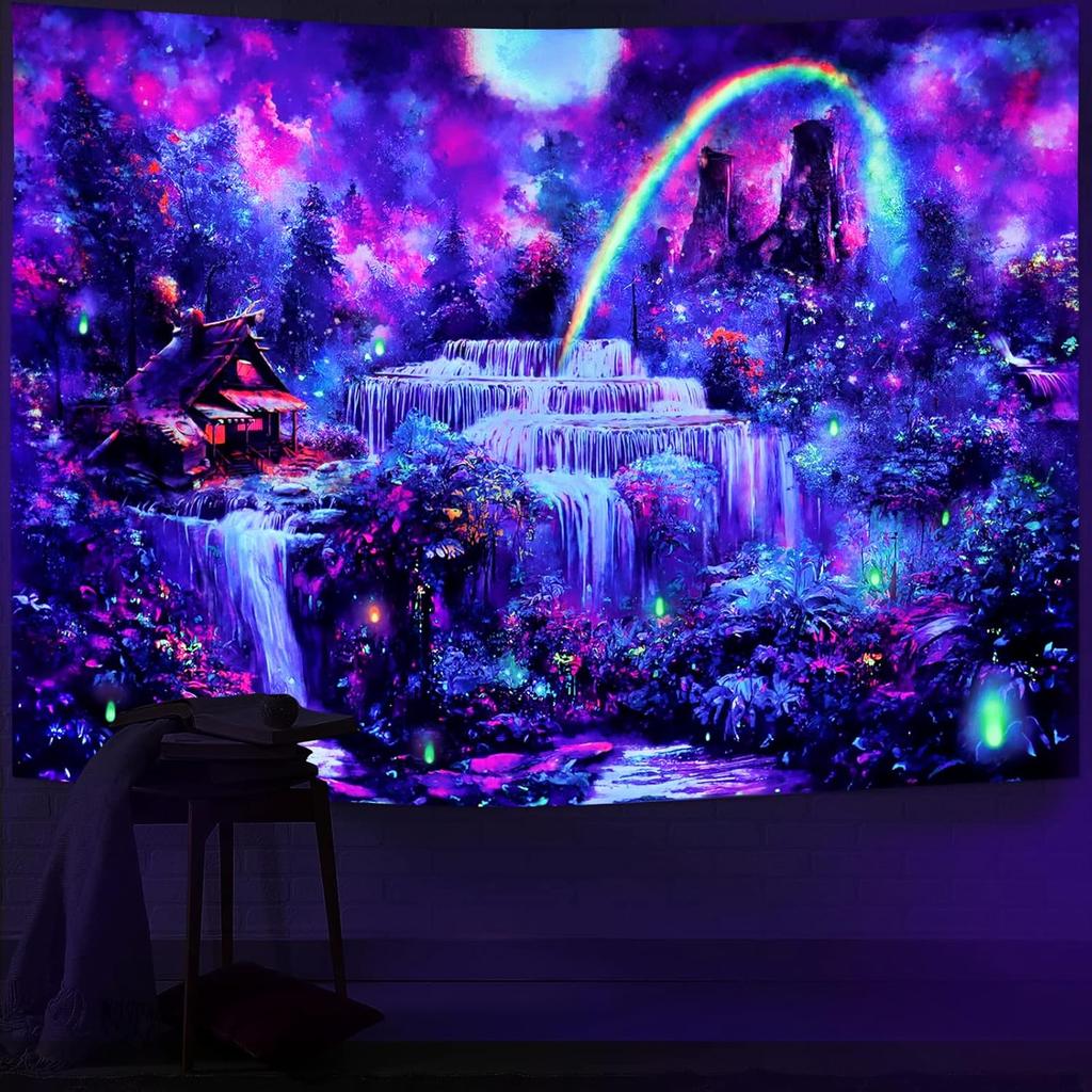 Racunbula Blacklight Tapestry Fantasy Forest Tapestry UV Reactive Waterfall Rainbow Tapestries Misty Jungle Plants Nature Landscape Tapestries Wall
