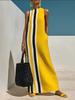 Women's new European and American casual vacation style blended dress contrasting color printing round neck sleeveless long dress