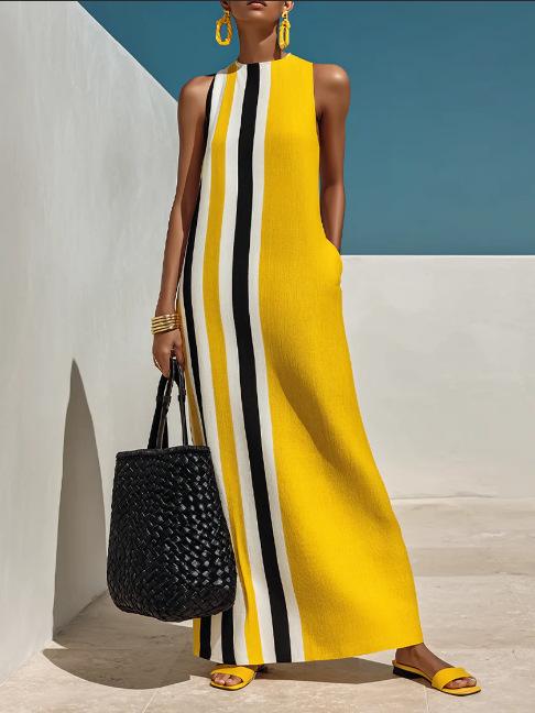 Women's new European and American casual vacation style blended dress contrasting color printing round neck sleeveless long dress