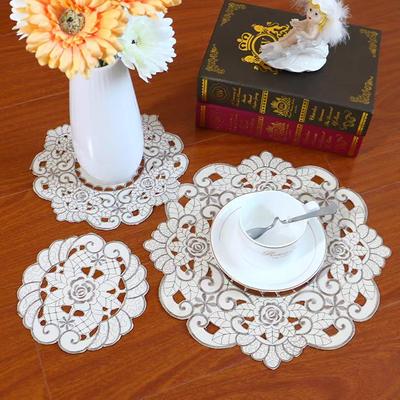 European Style Embroidered Polyester Placemats - Decorative Round Hollow Design Coasters for Dining Table