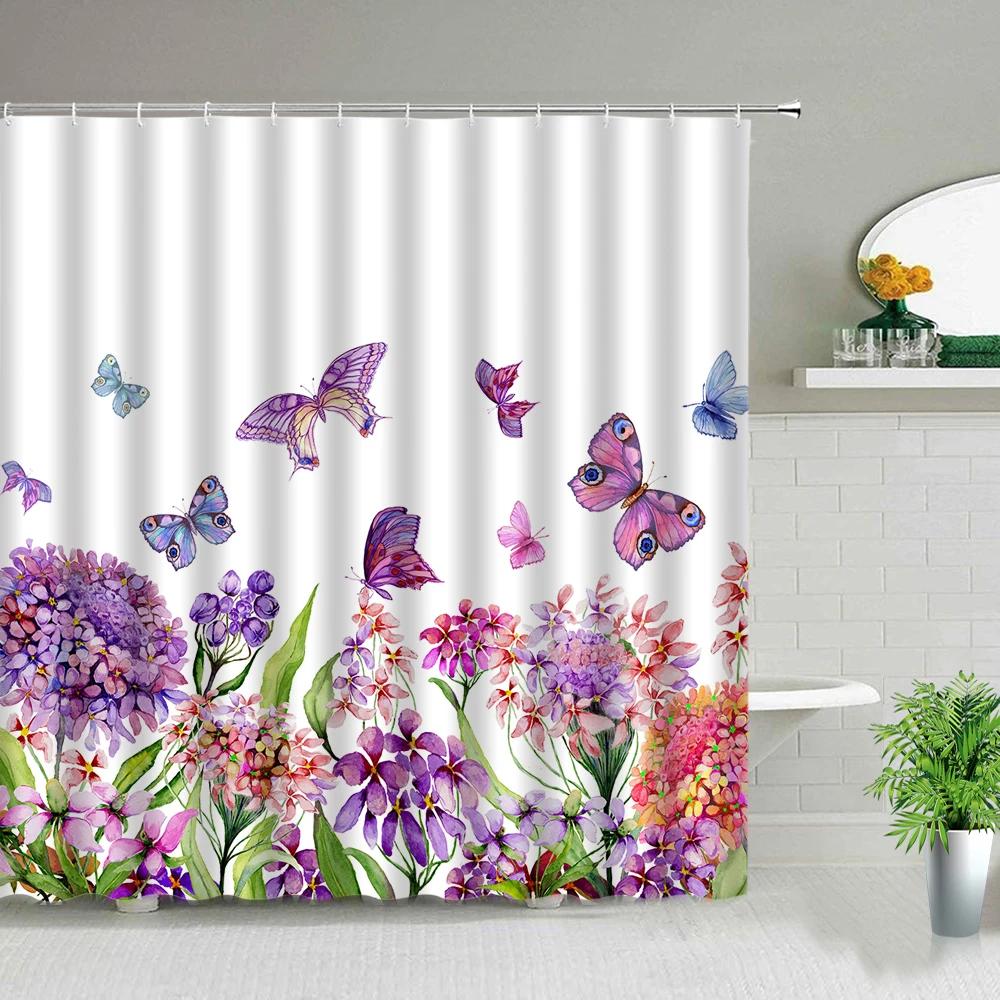 Creativity Wooden Background Flower Butterfly Shower Curtain Floral Plant Scenery Bathroom Screens Bathtub Decor Cloth Curtains
