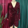 Long Sleeve Velvet Dress Women Sequin Wrap Mini V Fall Neck Ruched Bodycon Glitter Party Cocktail Club Shimmering