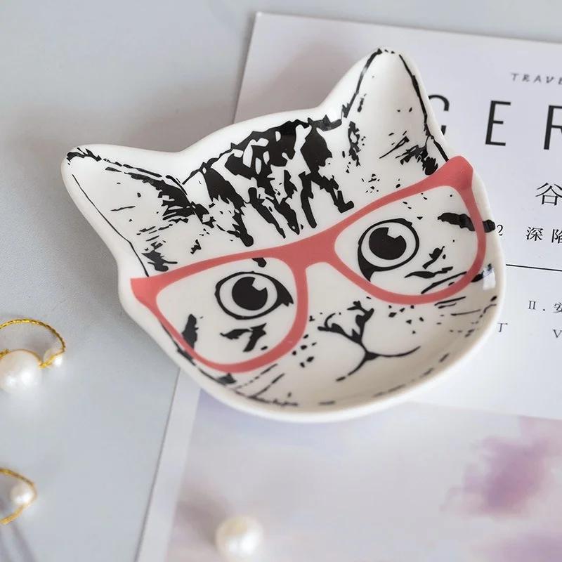 Ceramic Small Storage Tray Creative Korean Cartoon Kitten Plate Snack Cake Plate Jewelry Dish Sauce Dish Home Kitchen Tableware