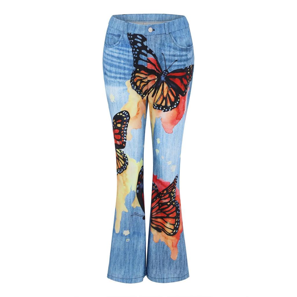 2023 Plus Size European & American Butterfly Faux Denim Micro-flare Pants