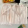 Solid Color Wind Ice Silk Striped Temperament Lace Edge Pajamas Women'S Summer Short-Sleeved Suit Loungewear