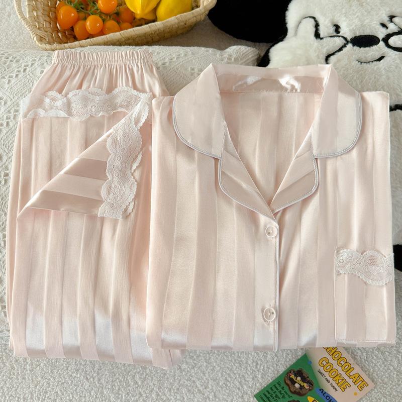 Solid Color Wind Ice Silk Striped Temperament Lace Edge Pajamas Women'S Summer Short-Sleeved Suit Loungewear