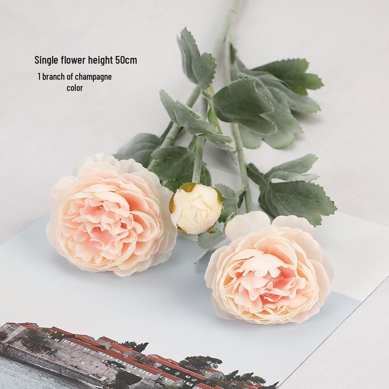 Peony Lotus Flower Flocking Bouquet: 3-Head Artificial Floral Arrangement for Living Room & Dining Table Decor.
