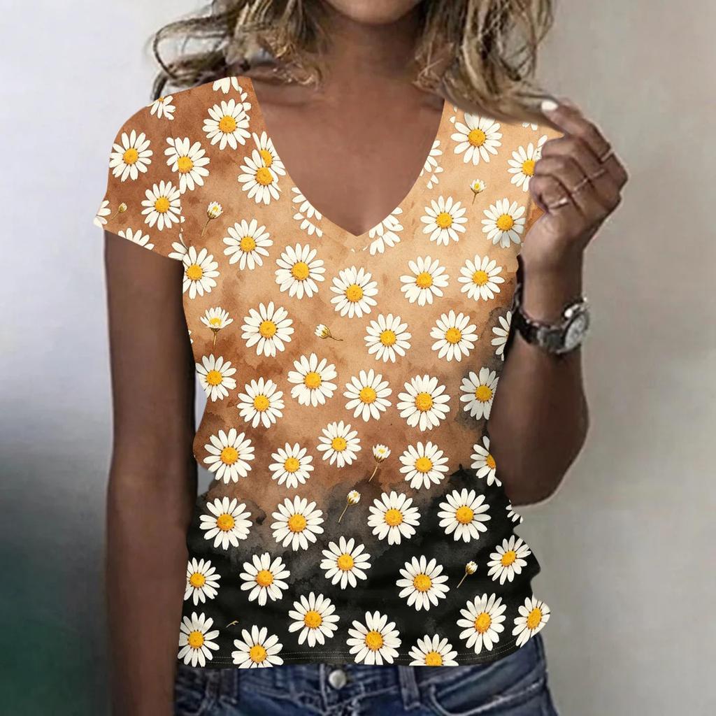 Women's Casual V Neck Short Sleeve Floral Print T Shirt Top Lightweight Comfortable Summer Tee with Daisy Pattern