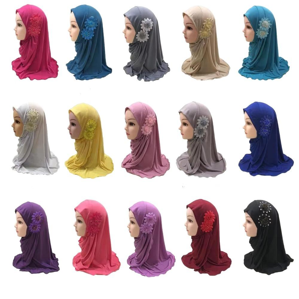 Elastic Children Hijabs Solid Flowers Head Islamic Scarf Shawls  2 To 7 Years Girls