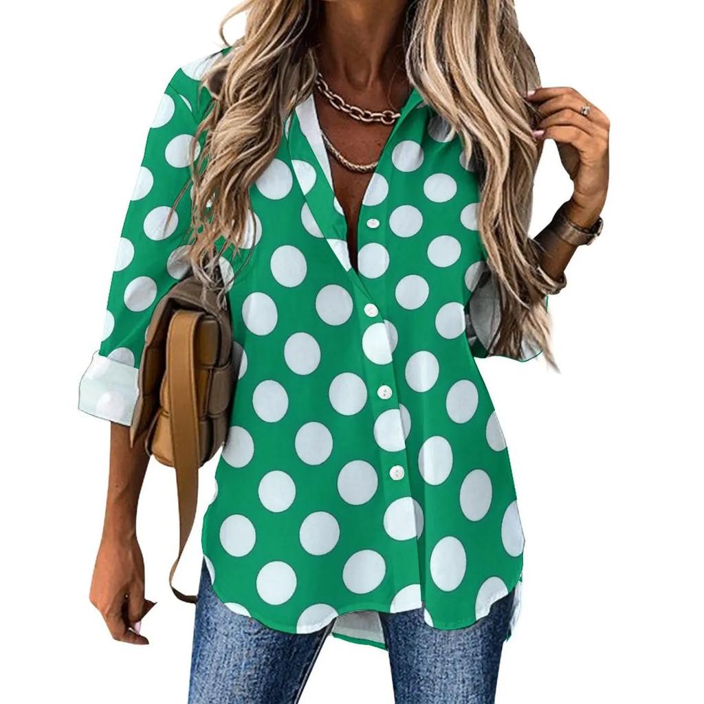 Damen gepunktetes Hemd Mode Neu Frühling und Herbst Lässig Elegant Langarm Revers Oberteil Street Style Personalisiertes Hemd
