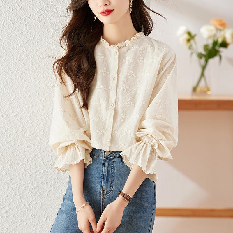 Apricot Embroidered Women's Long Sleeve Cotton Shirt with Lace Collar for Spring & Autumn 2025