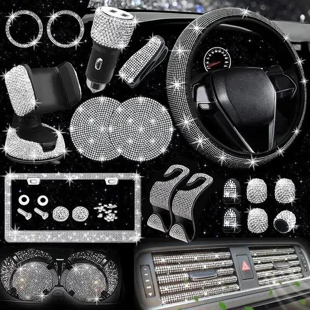 Car Accessories Set 27/4Piece Women Bling Universal Fit Polyester Steering Cover Shiny License Frame Phone Holder Coasters Tools