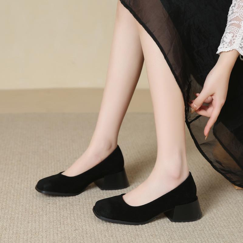 

High-end Xiaoxiangfeng square head beanie shoes women s shoes 2024 spring new thick heel good match temperament French single shoes women 34 чёрный