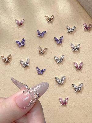 10pcs Mini Metal Rhinestone Butterfly Nail Art Jewelry 3D Pink Champagne White Diamond Nail Jewelry