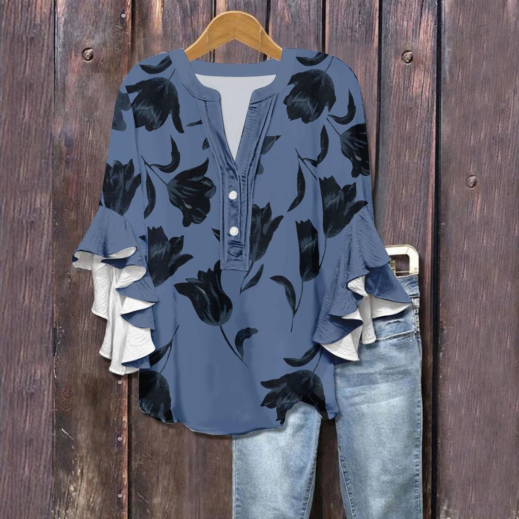 Women's Summer Tops V Neck Three-quarter Sleeves Floral Print Flowing Ruffle Sleeves Half-button Shirt