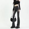 Damen Schwarze-Graue Ausgefranste High-Waist Micro-Flare Jeans, Schlankmachende Übergröße, Elastische Schlaghosen für Frühling und Herbst
