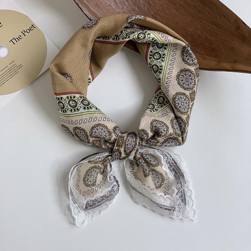 Silk scarf neck small square scarf new multi-color versatile headscarf summer women's pastoral lace headband hair accessories decorative small scarf