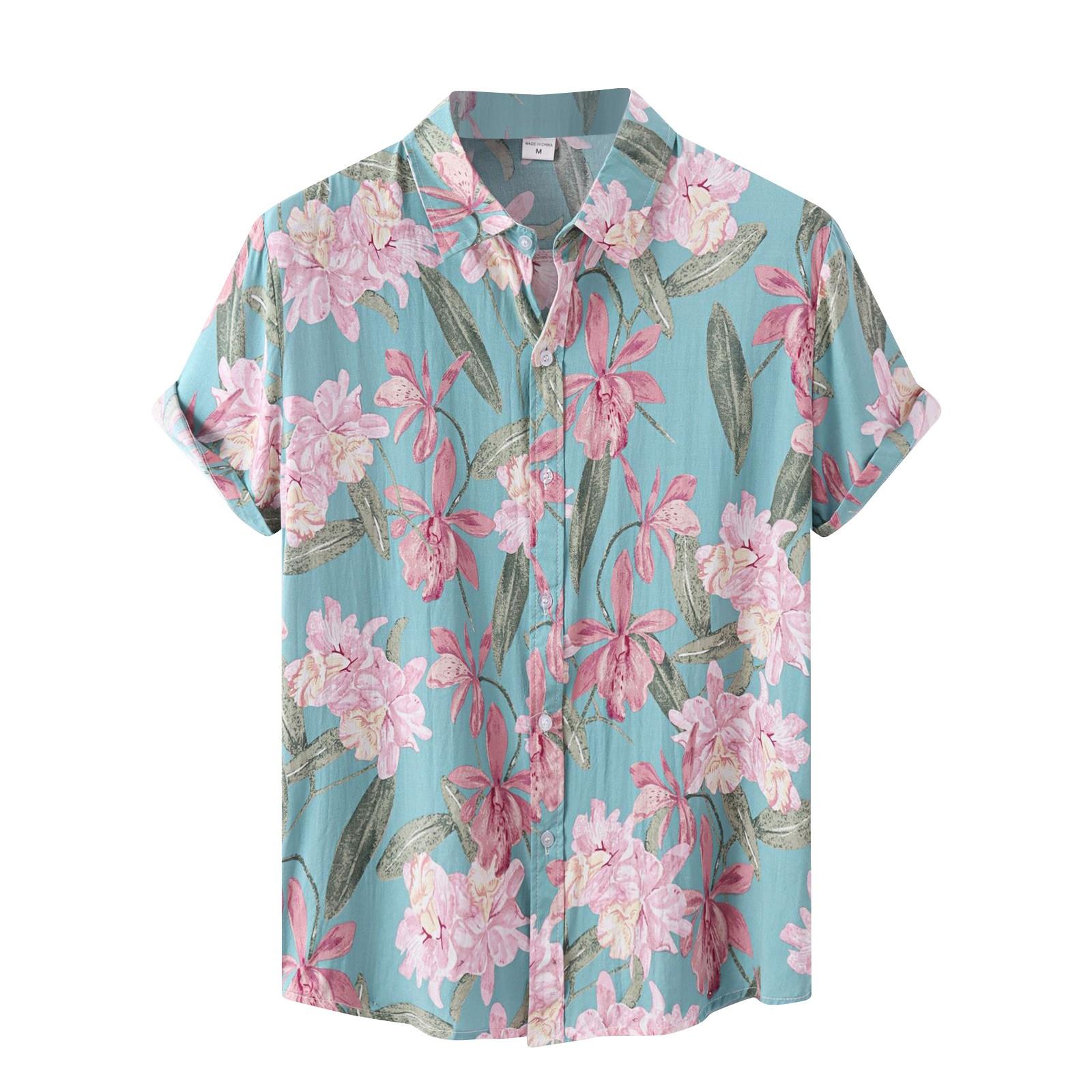 

Мужская летняя повседневная рубашка с цветочным принтом в гавайском стиле с коротким рукавом для пляжного отдыха L циан