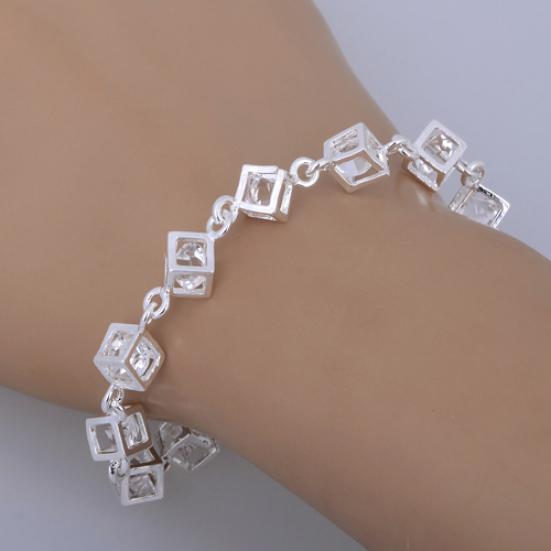 Women's Silver Plated Cube Clear Rhinestone Bracelet Engagement Party Jewelry