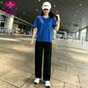 Summer clothing large size sportswear foreign style new women's pure cotton short-sleeved loose top thin straight pants two-piece set