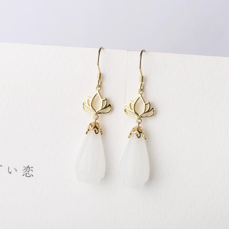 Natural Hetian White Jade Earrings Chinese Retro Lotus Unique Pattern Designer Craft Charm Women's Brand Jewelry