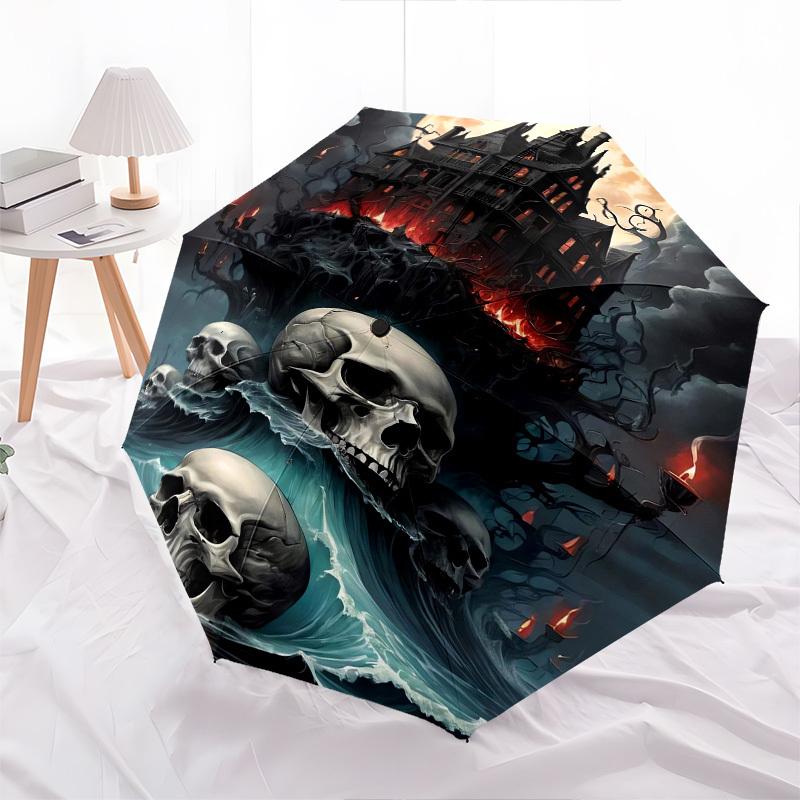 Haunted Mansion, Ghostly Skulls- Automatic Umbrella, Four Seasons Portable Folding Umbrella, Suitable for Men and Women, Travel, Daily Compa