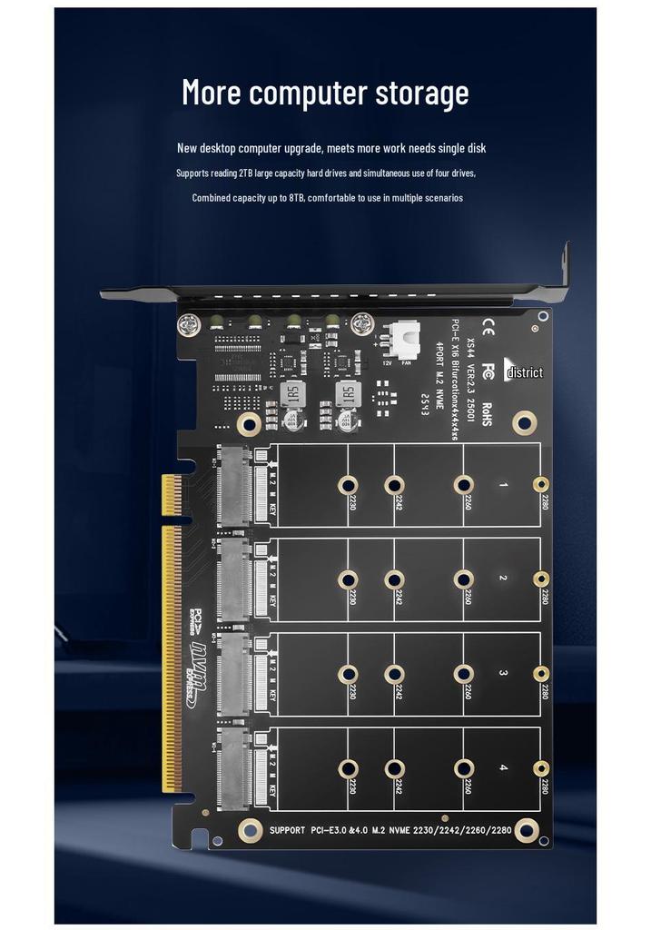PCIe X16 Quad M.2 NVMe Expansion Card - 4-Bay RAID, Supports Software RAID, 2TB per Drive.