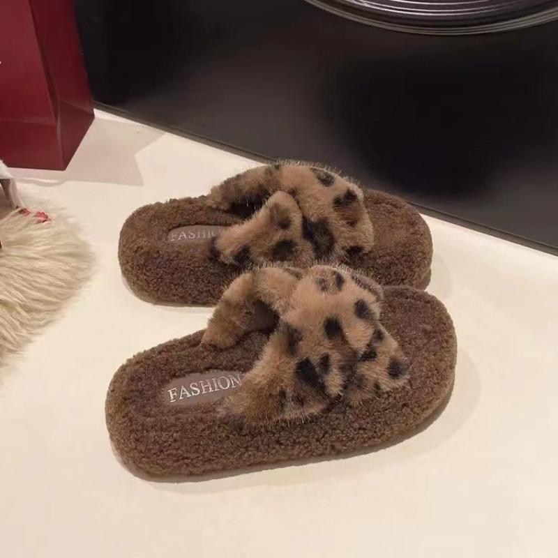 Thick Bottom Heightened Leopard Print Fluffy Slippers Women's Autumn and Winter New Design Sense Niche Cross Casual Cotton Slippers Tide