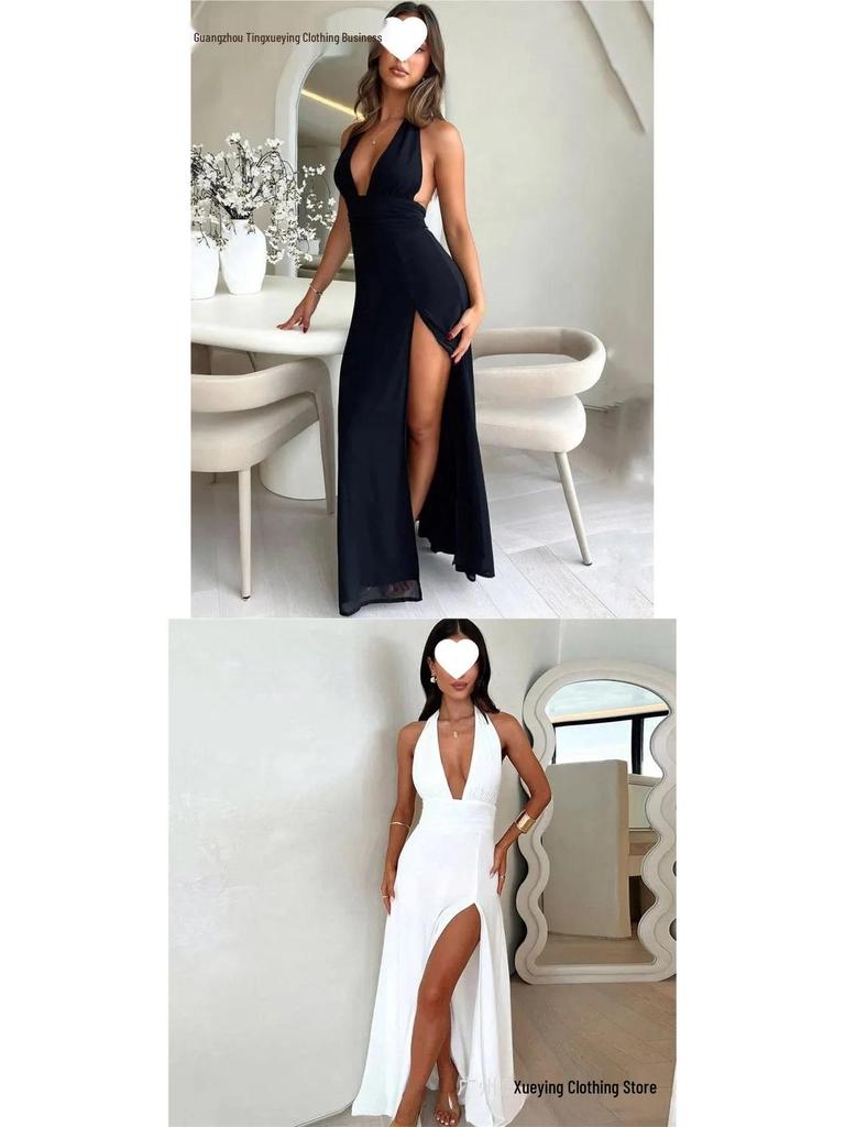 Jarní příchod: Elegantní evropské a americké dámské maxi šaty s halter výstřihem do V a rozparkem