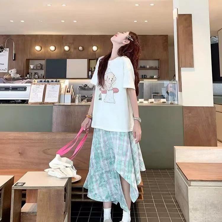 Korea Dongdaemun White Short Sleeve Women's T-Shirt Summer Crew Neck Letter Printed Top Loose Versatile Front Shoulder T-Shirt