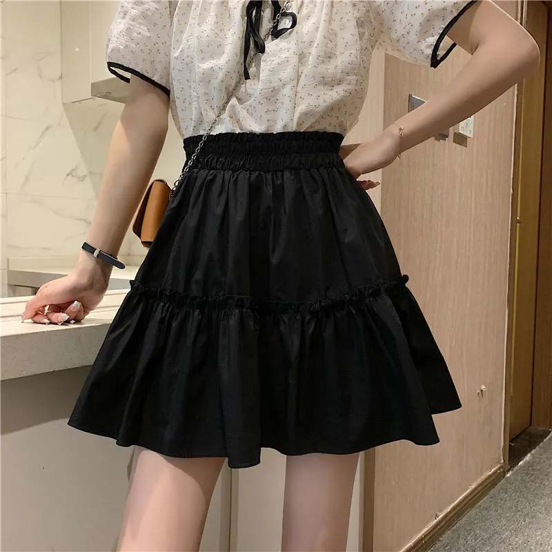 White Skirt Woman Elastic Waist Agaric Edge Solid Color A-line Skirt Sweet Lovely Preppy Style Spring and Summer