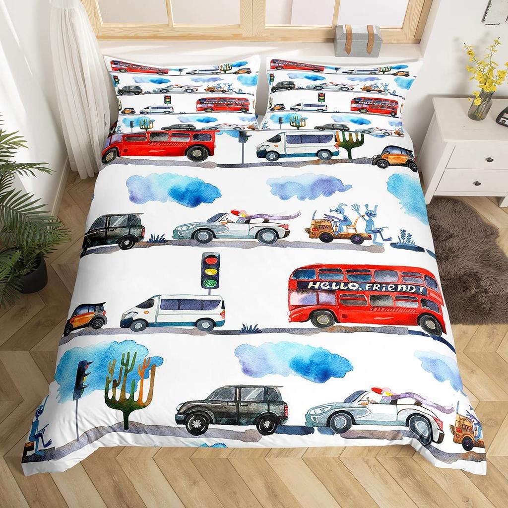 Lenjerie de pat galbenă cu taxi, rege/regină, pentru băieți, desene animate, transport, set de pat roz cu peisaj urban, husă de pilotă din poliester, husă de plapumă