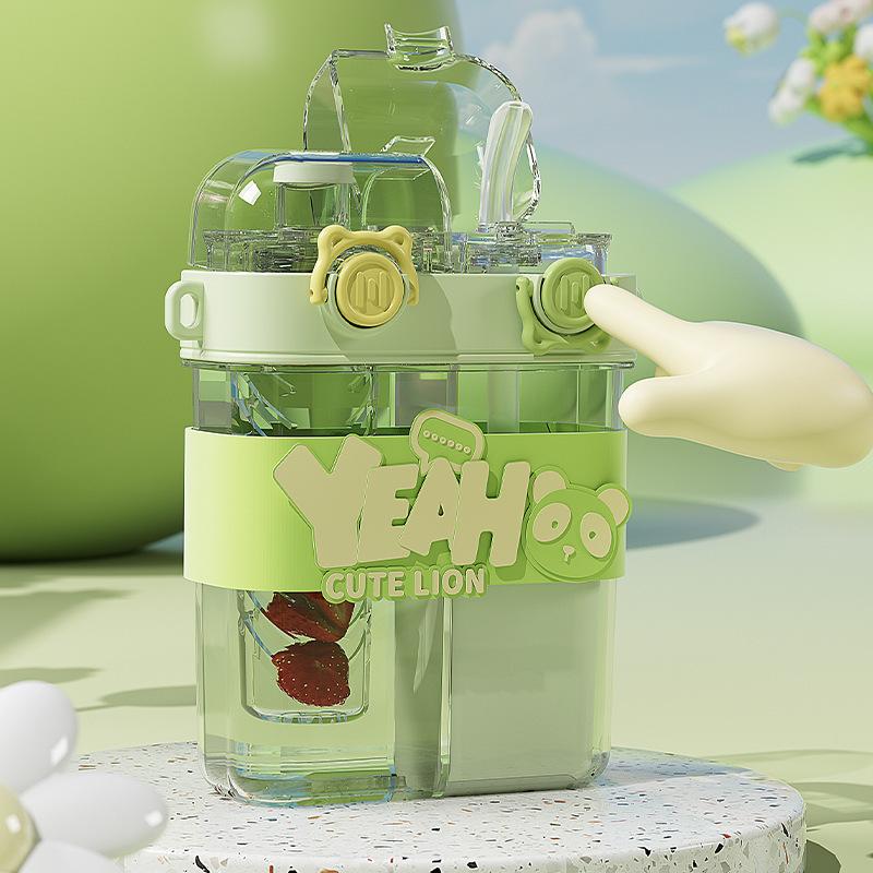 Grid Large-capacity Double Drinking Cup Children's Water Cup Student with Straw Drinking Cup Cartoon High-value Outdoor Portable Cup
