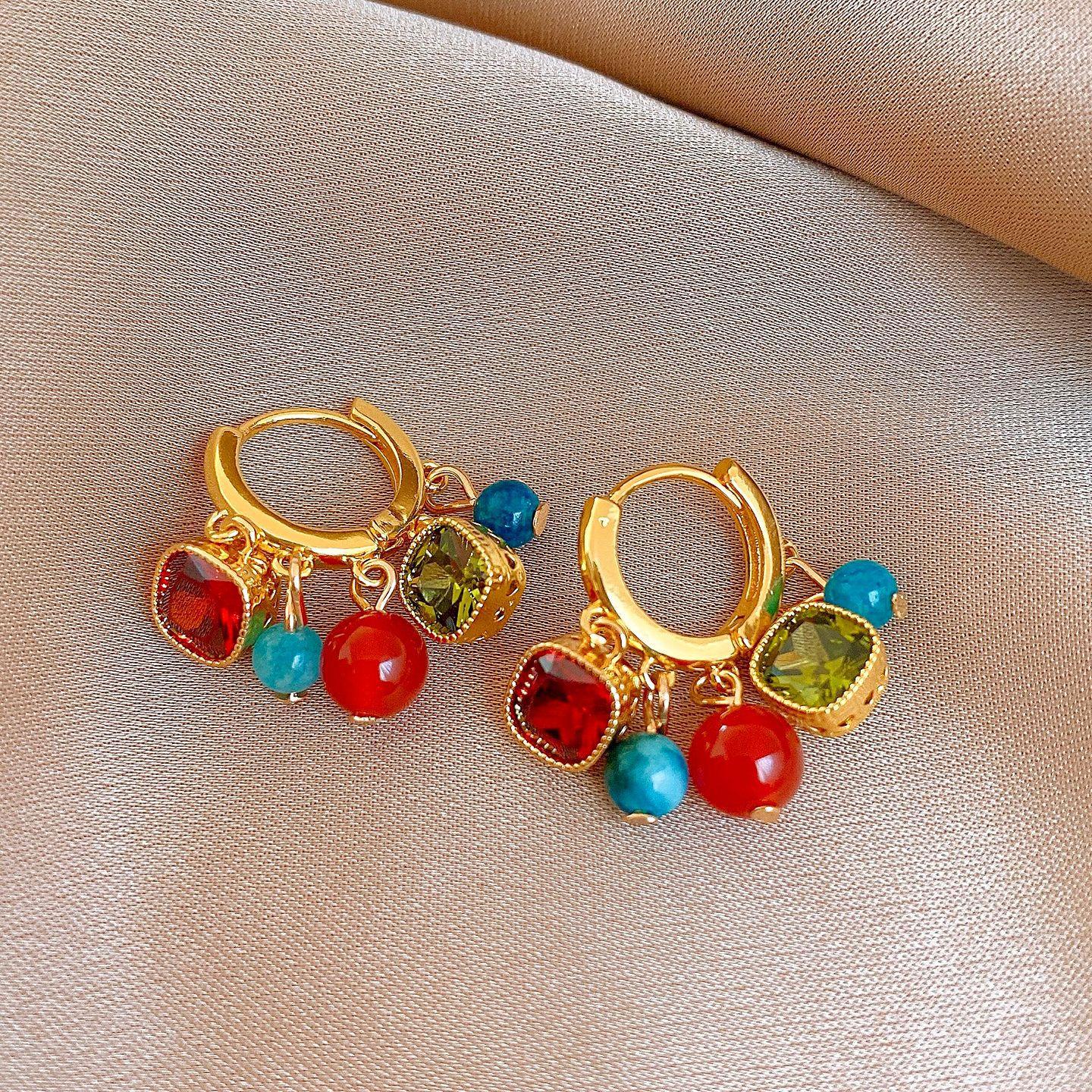 Autumn and winter retro zircon agate beaded round ear buckle versatile temperament earrings earrings women