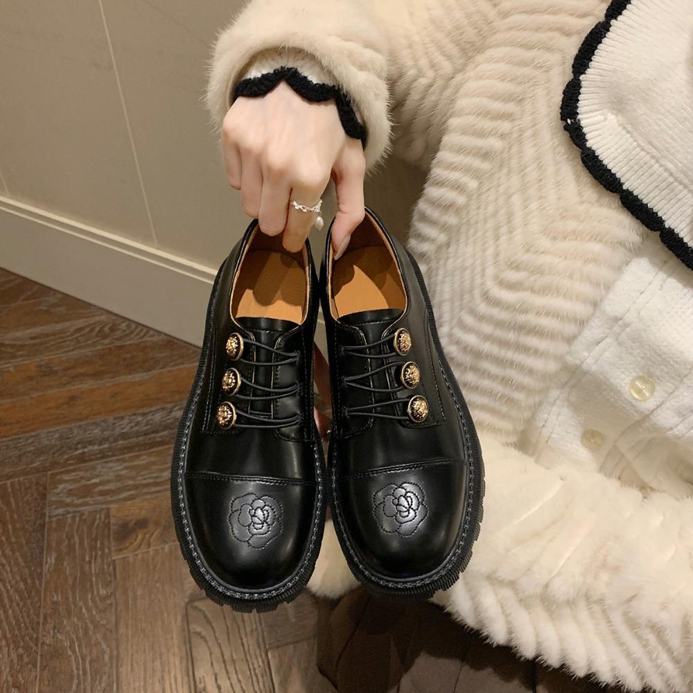 Fashion Spring New Black Loafers Women Chunky Heel Shoes Camellia British Retro Oxfords