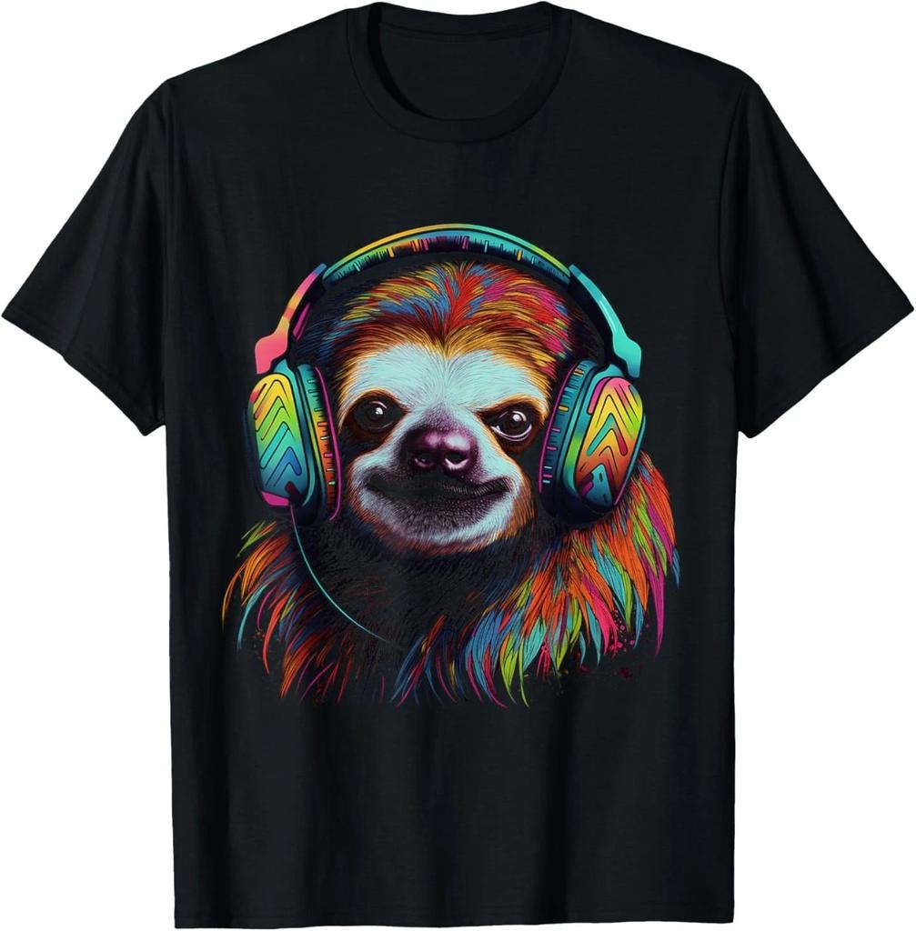 Sloth Artwork Music Colourful Animal Headphones Sloth T-Shirt